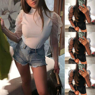 

Sexy Women High-Neck Transparent Mesh Sheer Crop Top Blouse Tee Top T-Shirt