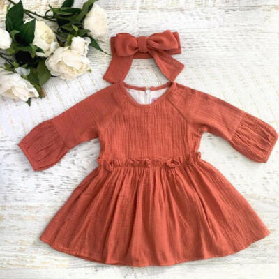 

UK Toddler Baby Girls Solid Clothes Long Sleeve Dress Skirt Cotton Linen Dresses