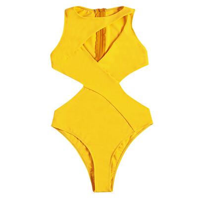 

Solid Color Sleeveless Cut Out Zipper Sexy Women Swimsuit