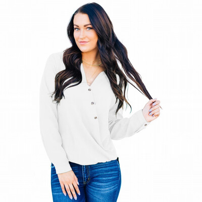 

Shirt Womens Long Sleeve V-neck Button Casual Loose Shirt
