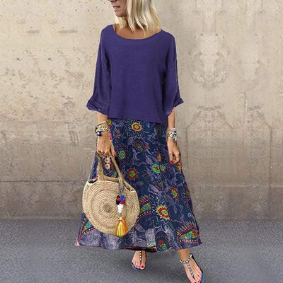 

Women Vintage Long Dress Blouse Set Long Sleeves Top Paisley Print Tank Dress Plus Size Boho Beach Casual Maxi Dress 2PCS