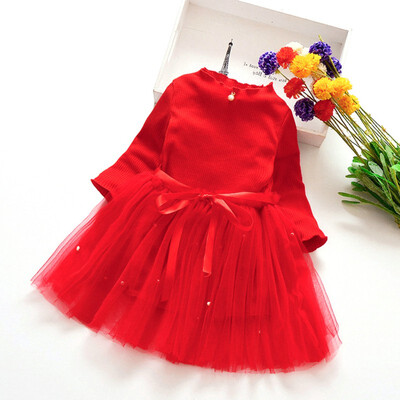 

Spring Kids Girls Dress Cute Long Sleeve Princess Costume Baby Solid Print Children Mesh Dresses with Pearl