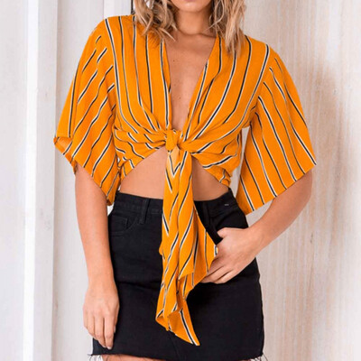 

Nomeni Fashion Womens Ladies Short Sleeve Print Striped Knot Casual Blouse Top