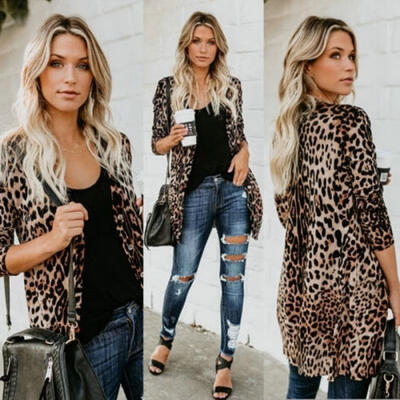 

Women Long Sleeve Sweater Top Casual Leopard Print Cardigan Outwear Coat