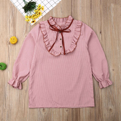 

2019 Kids Girls Casual Long Sleeve Lace Stripe Tops Blouse Shirt Tee T-Shirt UK