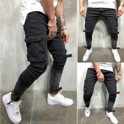 

Mens Jeans Ripped Frayed Denim Pants Cargo Biker Slim Fit Skinny Long Trousers