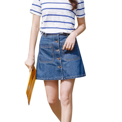 

New Summer Womens ladies A-line Pencil Jeans Skirt Front Button Casual High Waist Denim Small Pockets Skirt Harajuku