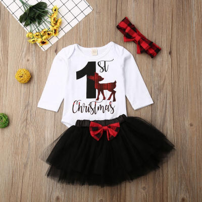 

My 1st Christmas Newborn Baby Girl Deer Long Sleeve Romper Tulle Skirt Clothes