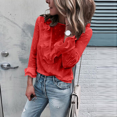 

Starmoon Women Ladies Casual Lace Polka Dot O Neck T-shirt Long Sleeve Tops Blouse
