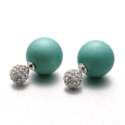 

Frosted Plastic Pearl with Polymer Clay Rhinestone Ball Stud Earrings CadetBlue 816mm Pin 08mm
