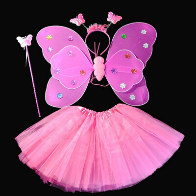 

New Hot 4Pcsset Halloween Dance Costumes Cosplay Fairy Princess Kids Butterfly Wings WandHeadbandTutu Skirt