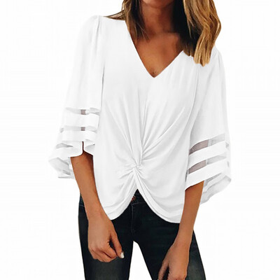 

Loose shirt Womens spring V-neck hollow half-sleeve top