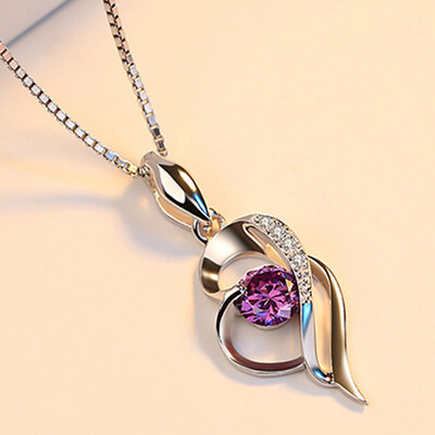 

Stylish Women Fashion 925 Sterling Silver Amethyst Diamond Heart Crystal Necklace Pendant Gift