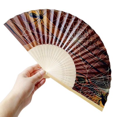 

〖Follure〗Halloween Pumpkin skull spider witch Hand Carved Bamboo Folding Fan Style Wooden