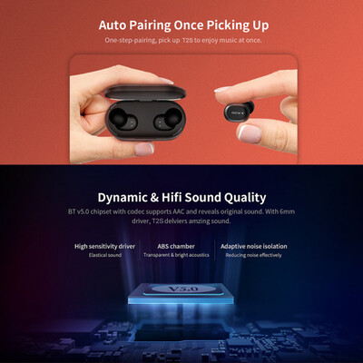 

QCY T2S Bluetooth 50 TWS Earbuds True Wireless Headphones CVC60 Noise Cancellation with Dual Mic In-ear Stereo Earphones Twins