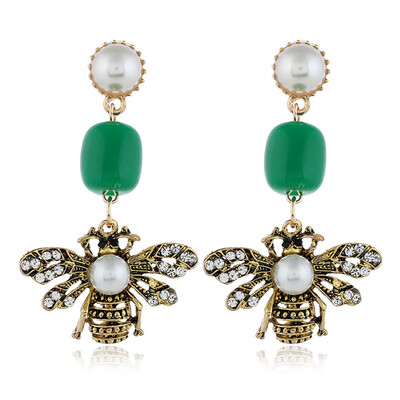 

Vintage Colorful Rhinestone Bee Women Long Dangle Faux Pearl Stud Earrings Gift