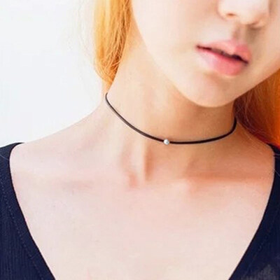 

Women Casual Black Punk Faux Leather Chain Bead Collor Clavicle Necklace Gift