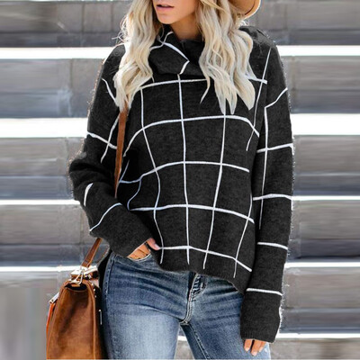 

Tailored Womens Turtleneck Sweater Casual Long Sleeve Plaid Loose Chunky Knit Pullover