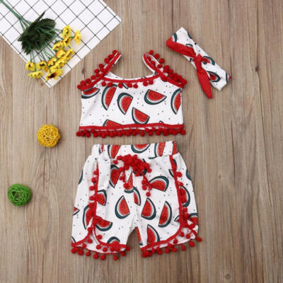 

US Toddlers Baby Girls Print Clothes TopShortsHeadband Beach Outfit Set 1-5Y