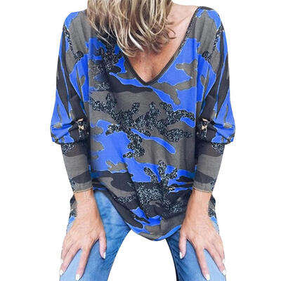 

Fashion Women Spring V-neck Blouses Long Sleeve Loose Casual Print Tops