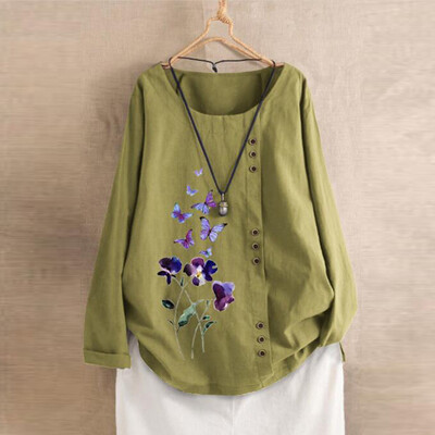 

Gobestart Plus Size Women Long Sleeve Cotton Linen O-Neck Botton Blouse Top T-Shirt