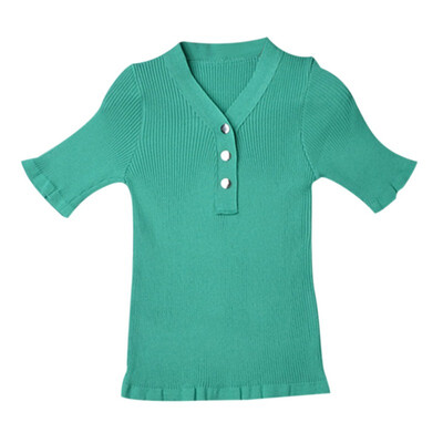 

Women Retro Solid Color V Collar Button Half Sleeve Casual Knit Pullover Loose Tops