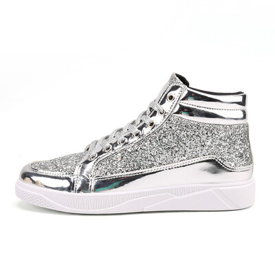 

Hot Sale Sequin Patent Leather Shoes Man Glossy Bling High Top Vulcanized Shoes Breathable Soft Rubber Sole Zapatos De Hombre