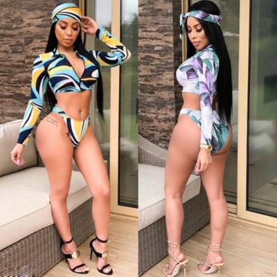 

Fashion Women Long Sleeve Zipper Tankinis Swimsuit Bikini Swimwear 3Pcs Set -XL