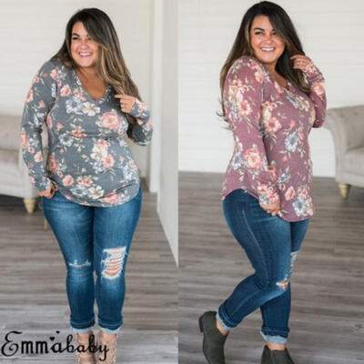 

Women Autumn Long Sleeve T-shirt Loose Irregular Printed Casual Tops Plus Size