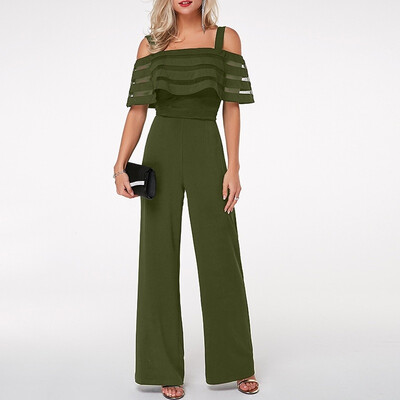 

Womens High Waist Strappy Cold Shoulder Solid Color Overlay Embellished Wide Leg Jumpsuit Rompers