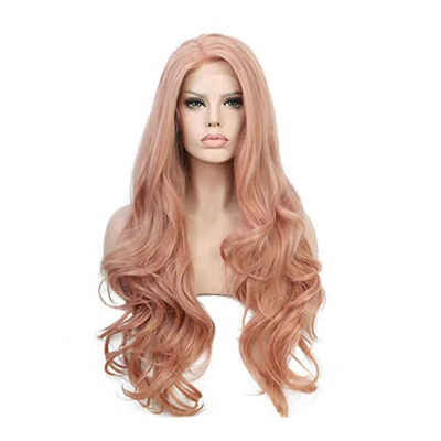 

Women Pink Long Wave Curly Wig European Style Lace Front Glueless Natural Hairline High Density Fake Hair