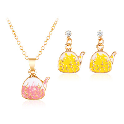 

2PCS Fashion Women Creative Drop Oil Painted Kettle Necklace Earrings Jewelry