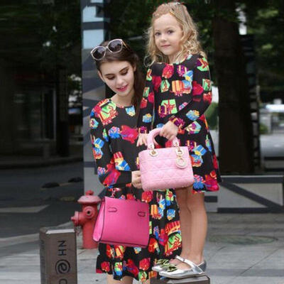 

Family Outfits Clothes Mother&Daughter Dress Women Girls Long Sleeve Dresses