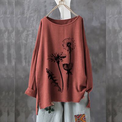 

Roseonmyhand Plus Size Women Long Sleeve Cotton Linen O-Neck Print Blouse Top T-Shirt