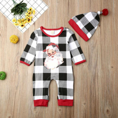

Newborn Baby Boy Girl Clothes Santa Claus Plaid Romper Jumpsuit Hat Outfit Set