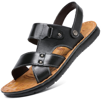 

Poitulas Mens first layer cowhide hand stitching sandals two users outside casual beach shoes male 7188 black 38