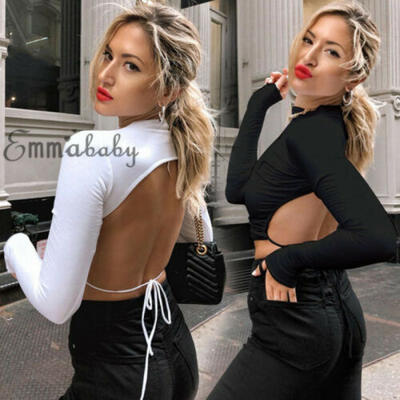 

Women Sweatshirt Crop Top Sweater Backless Long Sleeve Pullover Jumper