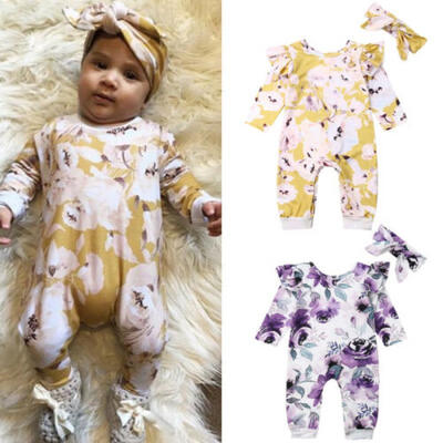 

US Newborn Baby Girls Clothes Floral Romper Bodysuit Overall Headband Outfit Set