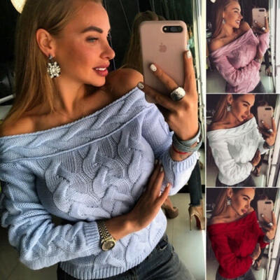 

Women Off Shoulder Knitted Warmth Sweater Long Sleeve Winter Jumper Pullover Top