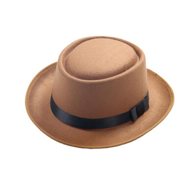 

Unisex Women Men Felt Wide Brim Hat Woolen Pork Pie Flat Hat Vintage Gambler Hat