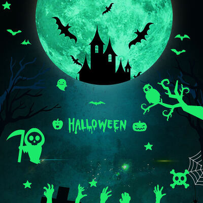 

3Pcs Halloween Moon Castle Ghost Bats Glow in Dark Luminous Wall Stickers Decor