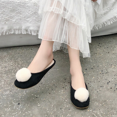 

Rose Slippers Female Spring Shallow Mouth Hair Ball Flat Bottom Scoop Shoes