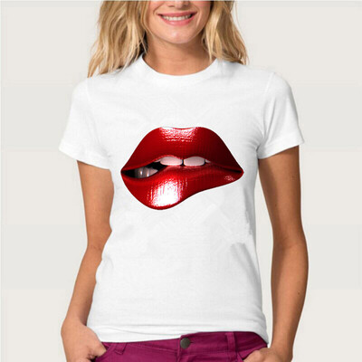 

Starmoon Women Print Sexy Red Lips Round Neck Short Sleeved White T-shirt Blouse