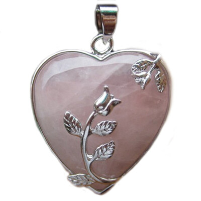

Womens Rose Quartz Alloy Flower Necklace Pendant Heart Inlaid Charm Jewelry