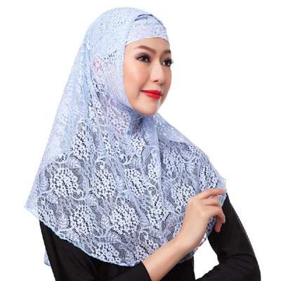 

New Fashion Full Cover Muslim Hijab Two Piece Set Lace Solid Islamic Turban Cap Beanies