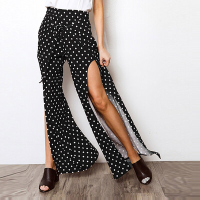 

Women Dots Print Trouser Elasticated Wide Leg High Waist Regular Long Pants