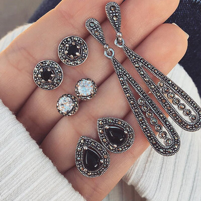 

EK811 4 Pairsset Bohemian Retro Personality Black Gems Waterdrop Round Crystal Stud Earrings Set for Women Charm Party Jewelry