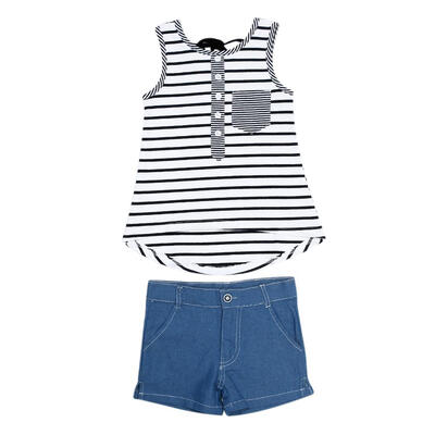 

2pcs Baby Girls Sleeveless Striped T-shirt TopsDenim Short Pants Suits