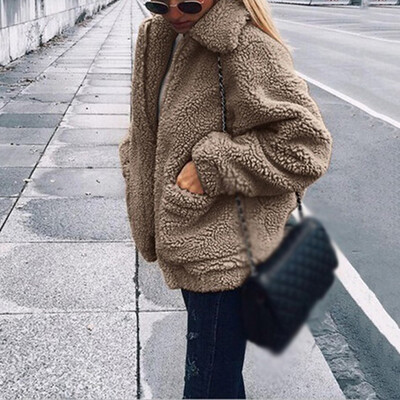 

2019 Women Jackets Plush Fashion Lapel Coat Casual Winter Outerwear With Pocket