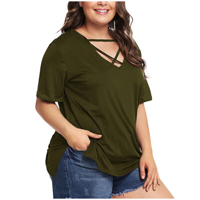 

Starmoon Fashion Women Plus Size V-Neck Solid Short Sleeve Lace Up Tops Tee